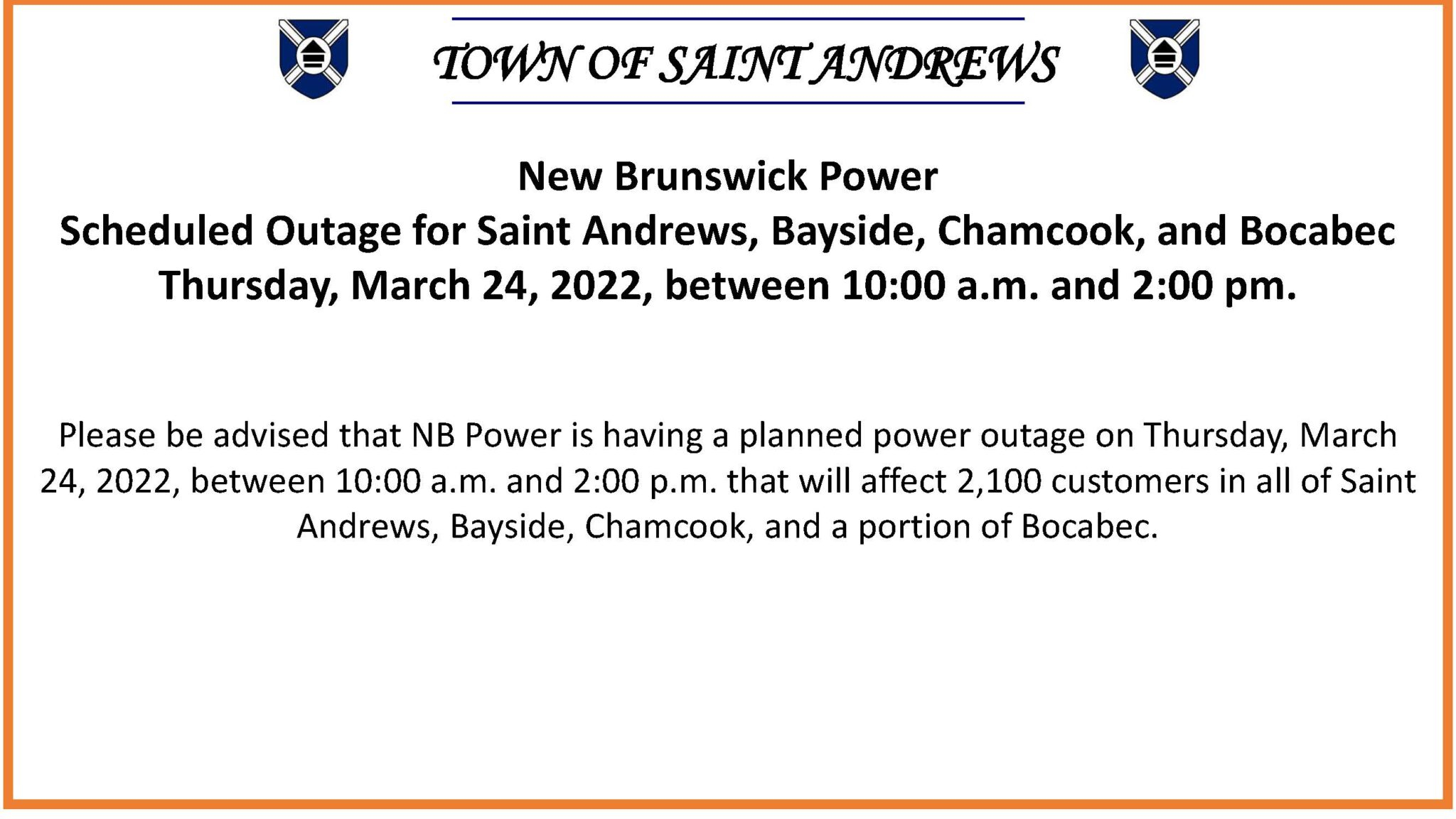 NB Power Scheduled Outage Town Of Saint Andrews NB Power Scheduled Outage Town Of Saint Andrews